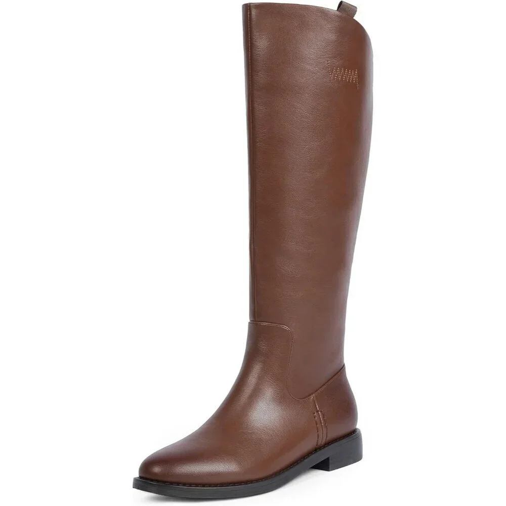 Women's A-brown Rounded Toe Flat Low Chunky Zip Heel Knee High Boots